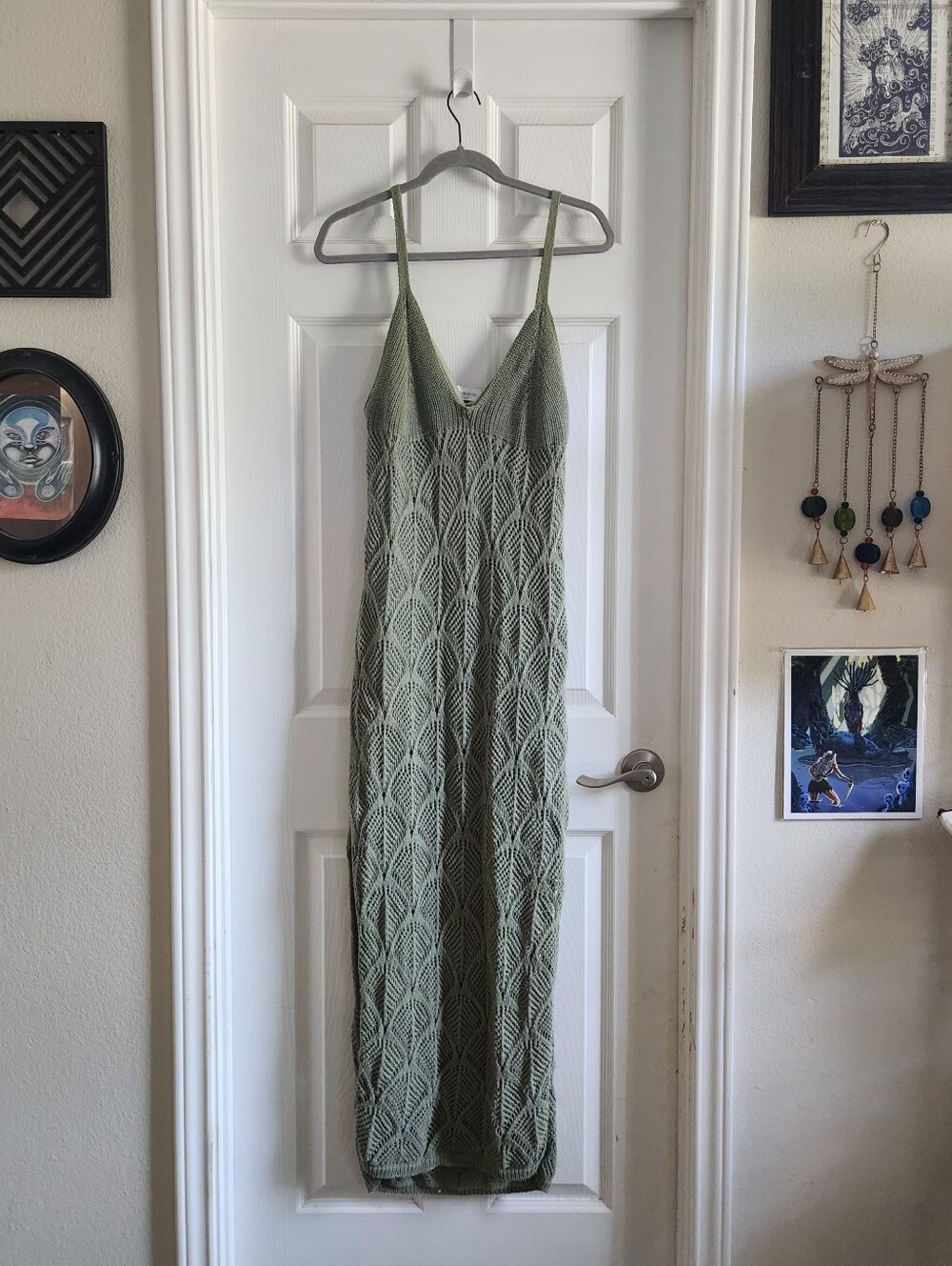 Stradivarius Light Sage Green Crochet Knit Maxi Dress